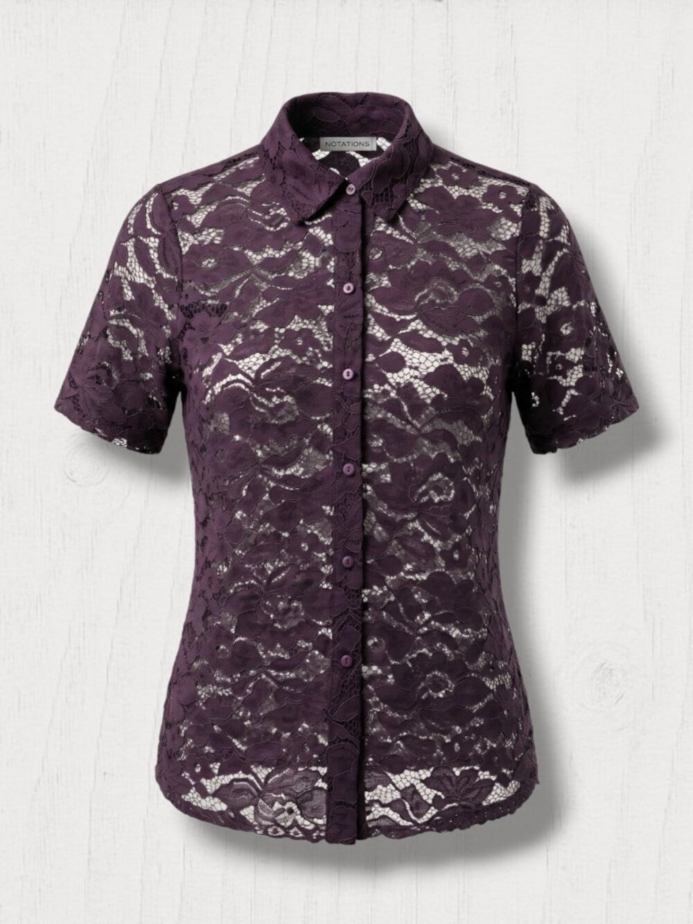 Notations Deep Purple‎ Sheer Floral Lace Short Sleeve Button Down M